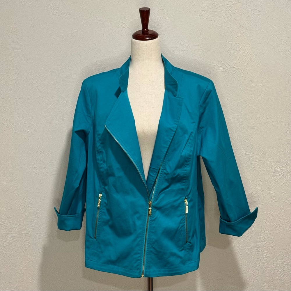 Bob Mackie Wearable Art Teal Blazer with Gold Zippers XL
